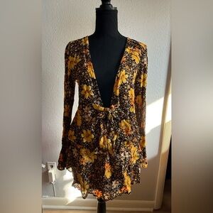 Blue Rain Boho Floral 2-Piece Set | Tie Front Top + Ruffle Mini Skirt